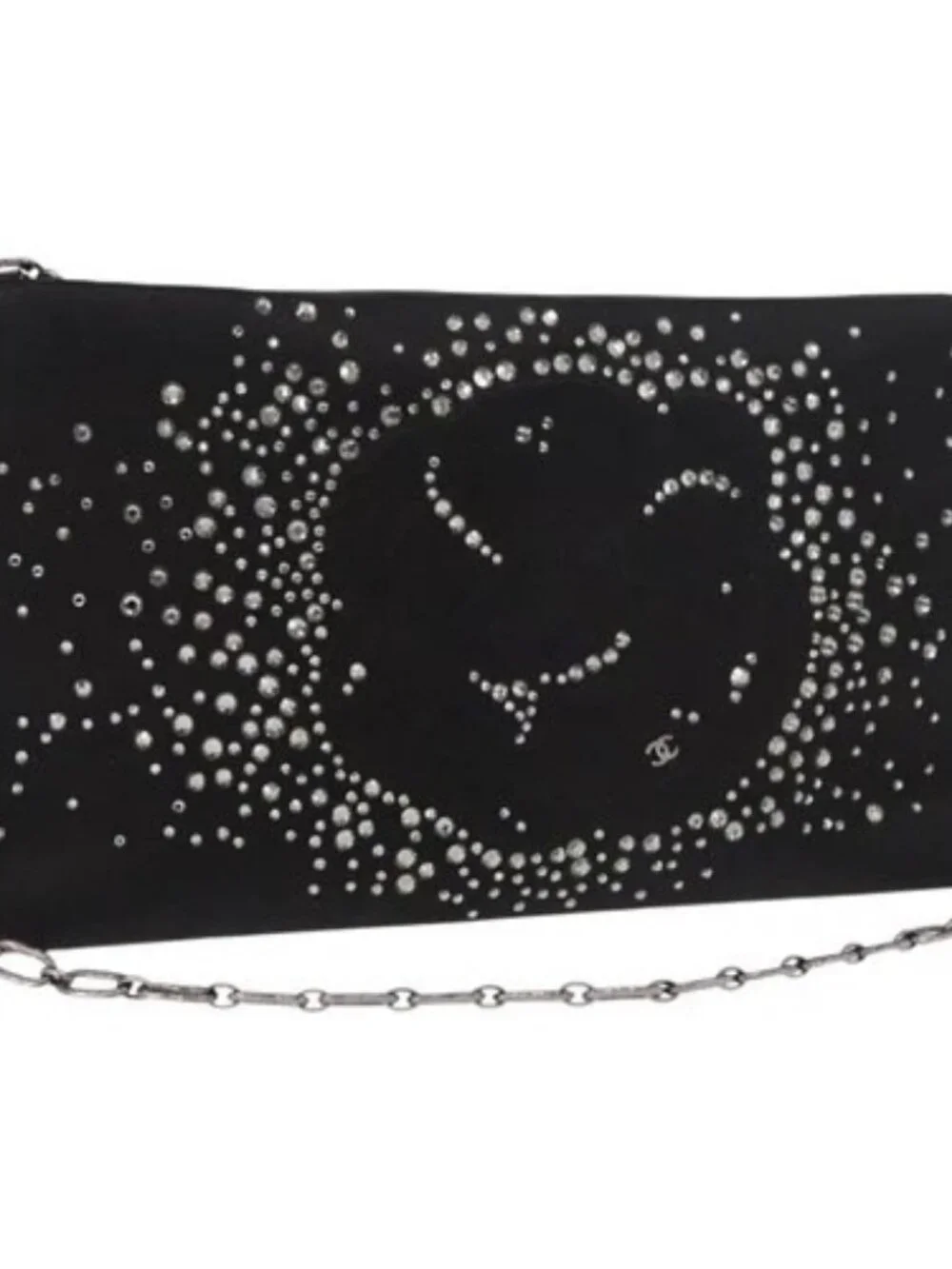 CHANEL Camelia Chain Shoulder Bag Satin Black Silver CC Auth 184869SM